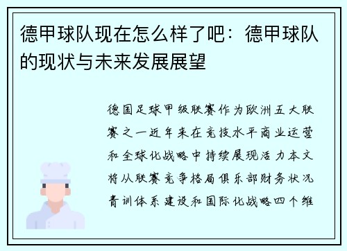 德甲球队现在怎么样了吧：德甲球队的现状与未来发展展望